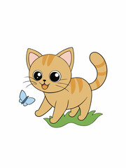 Obraz premium vector illustration of a playful kitten chasing a butterfly in a minimal meadow 