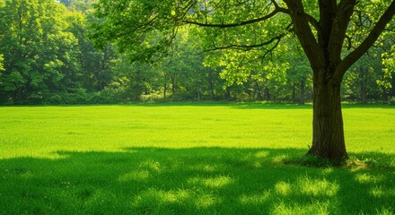 Lush green meadow representing natural beauty and serenity, with a solitary tree