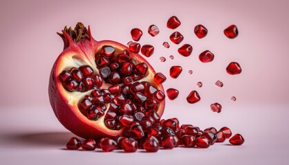 Open Pomegranate with Flying Seeds on Pink