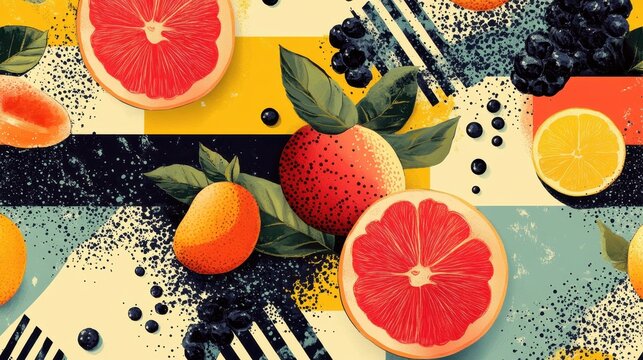 Colorful fruit pattern with citrus and blueberries on abstract background