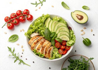 Nutritious and colorful salad bowl with grilled chicken and fresh veggies. Great for health food branding and editorial content.