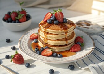 Delicious pancakes with syrup and berries. A cozy, breakfast-themed image perfect for menus and lifestyle visuals.
