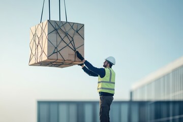 Industrial worker in safety gear helping lift a heavy package with a crane, illustrating logistics, safety, and manual handling in a construction or port environment.