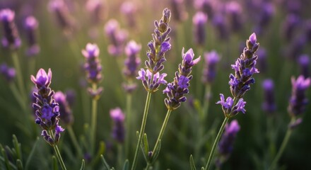 Lavender field representing tranquility and serenity, with purple blossoms and soft sunlight