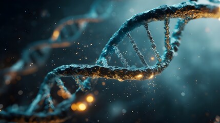 Close-up 3D illustration of a glowing blue DNA double helix in a scientific background