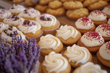 Assortment of delicious cupcakes and cookies, decorated with frosting and sprinkles, displayed alongside lavender