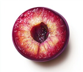 Halved Plum Close Up Vibrant Red And Yellow Flesh Against White Background