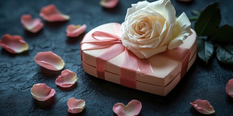 Heart Gift Box with Off White Rose and Pink Petals on Dark Gray
