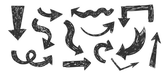 Thick arrow crayon or chalk drawing sketch grunge textured set. Different directions simple curve shape. Pencil, marker, pastel scribble