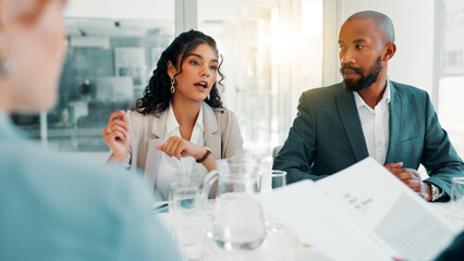 Business, meeting and employees with documents in office for budget review, finance forecasting and...