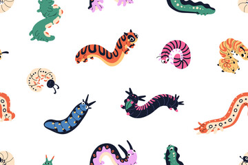 Endless background of happy and sad caterpillars. Repeatable pattern of centipedes, worms with different emotions on face. Cute larvae of butterflies and moths. Flat seamless vector illustration