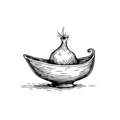 Whimsical botanical voyage: An onion's journey on a decorative vessel depiction