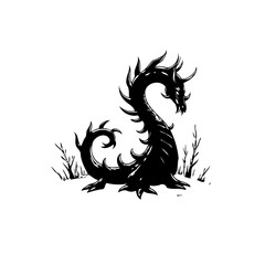 Stylized Black and White Spiked Serpent in Sparse Landscape Illustration
