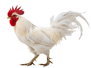Fototapeta premium Portrait of a White Rooster Walking Isolated on transparent background cutout, PNG file, Cutout file
