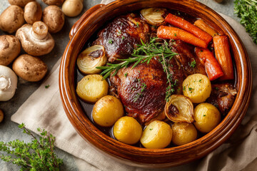 Coq au vin with baby potatoes and glazed vegetables in rustic pot