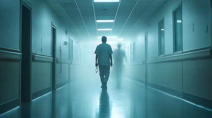 Empty hospital corridor with figures walking away.