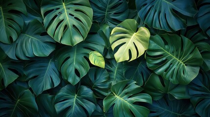 Fototapeta na wymiar Lush green monstera leaves background with vibrant foliage and tropical patterns