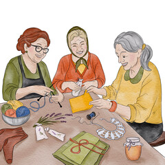 Watercolor illustration of group ladies crafting table scene. Three women at a table engaged in crafting and gift wrapping.