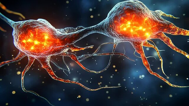 A close-up view of a neuron with glowing red and orange filaments