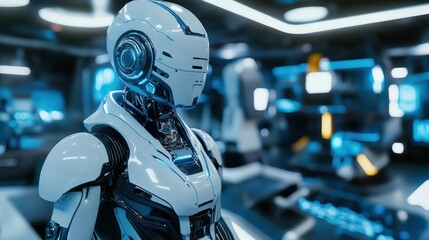Fototapeta premium Futuristic robot in a modern technological environment.