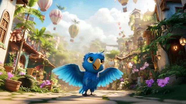 A 3D animated parrot talking against a whimsical background. Children storytelling concept
