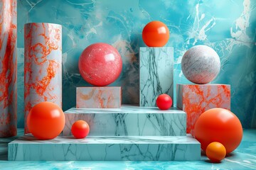 Graphic Marble podium with abstract geometric objects on blue background.