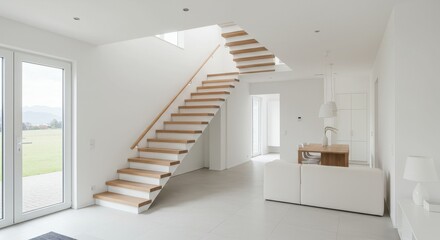 Photo Modern White Minimalist Interior with Wooden Stairs