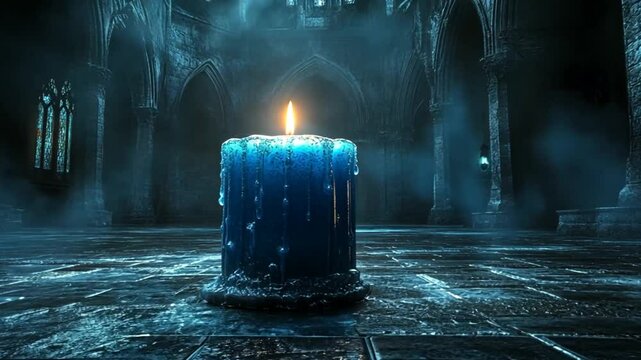 Single burning candle dark blue soft glow hope peace meditation abstract