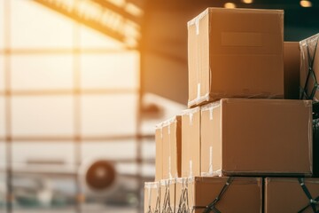 Cargo boxes at airport during daylight near airplane with industrial background highlighting freight and logistics operations