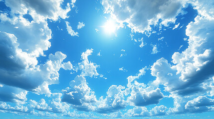 A vibrant, partly cloudy sky with a bright sun at the center.  Fluffy white clouds are scattered across a de