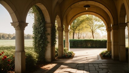 Floral archway framing a sunlit path.