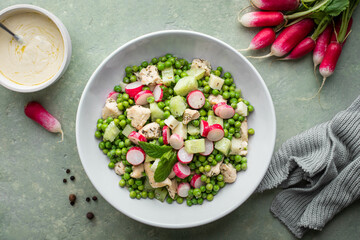 salade fraiche de petits pois, concombre, poulet, radis et menthe fait maison