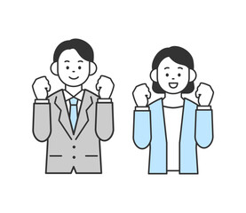 ガッツポーズをする男女のイラスト　ベクター
