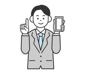 スマホをもって解説するビジネスマンのイラスト　ベクター
