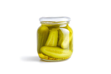 Glass jar filled with pickled cucumbers, isolated on white background. Marinated green vegetables in vinegar brine, traditional preservation method