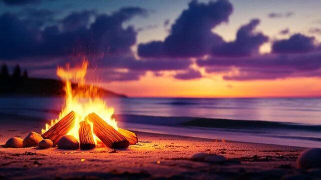 Beach bonfire at sunset warm colors peaceful atmosphere ocean and sky