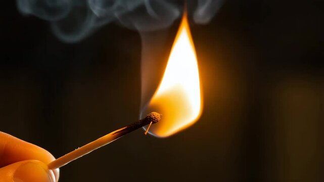 Hand holding lit matchstick with smoke rising against dark background  