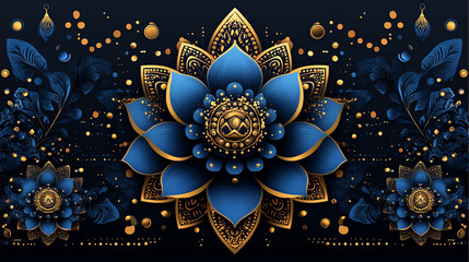 Luxurious blue lotus flower mandala design with gold details on a dark background.