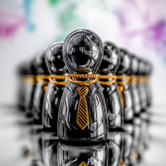 Stylized black business figure with a gold striped tie leading a team of similar figures.