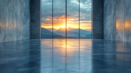 Fototapeta premium Empty modern space with panoramic mountain sunset views.