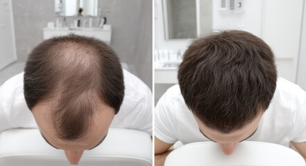Fototapeta premium Before and after comparison of male hair restoration showing dramatic improvement in hair density, photographed in a clinical setting with a top-down perspective.