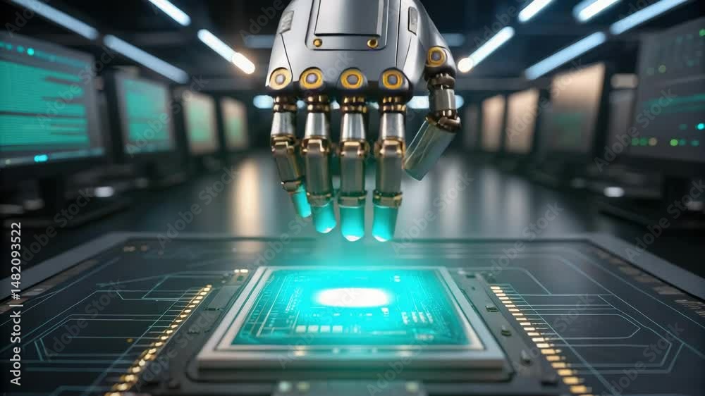 Poster upgrade technology and digital transformation, a robotic hand interacts with a microchip amidst comp