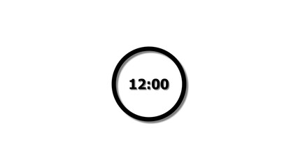 Digital countdown timer black color 4k illustration of 12 second on transparent on white background. 12 seconds digital timer 4k illustration.