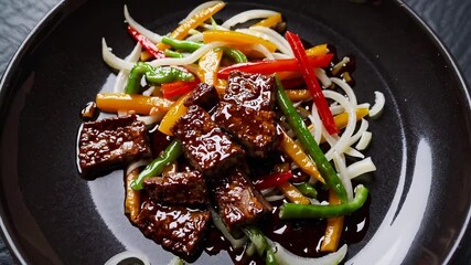 Plate of Asian stir-fried noodles with glazed tofu and sliced bell peppers, vibrant fusion food styling on dark ceramic background