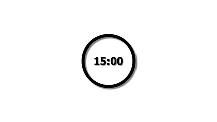 Digital countdown timer black color 4k illustration of 15 second on transparent on white background. 15 seconds digital timer 4k illustration.