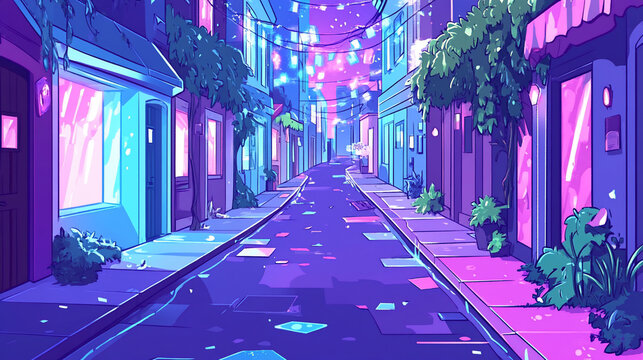 Night city street, vibrant colors