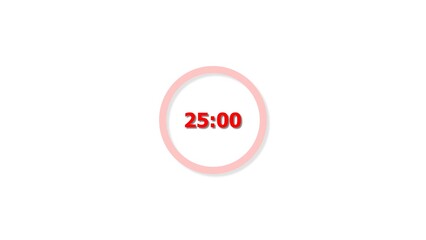 Digital countdown timer red color 4k illustration of 25 second on transparent on white background. 25 seconds digital timer 4k illustration.