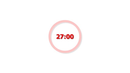 Digital countdown timer red color 4k illustration of 27 second on transparent on white background. 27 seconds digital timer 4k illustration.
