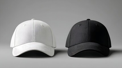 Obraz premium White and black baseball caps mockup on a grey background, front and back view. .