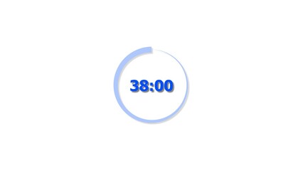 Digital countdown timer royal blue color 4k illustration of 38 second on transparent on white background. 38 seconds digital timer 4k illustration .